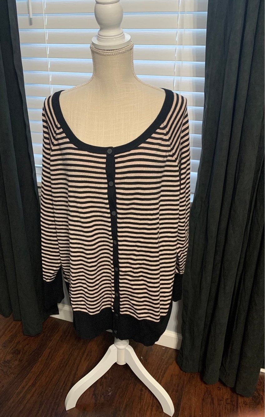Lane Bryant Black and Rose Gold Metallic Button-Front Cardigan Sweater.